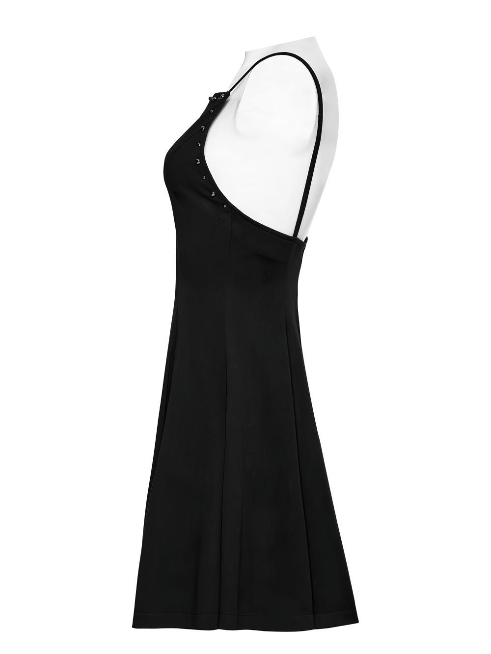 Alt Tag: Stylish Black Gothic Studded Strappy A-Line Mini Dress, side view black slip mini with square neck, slim straps, stud details