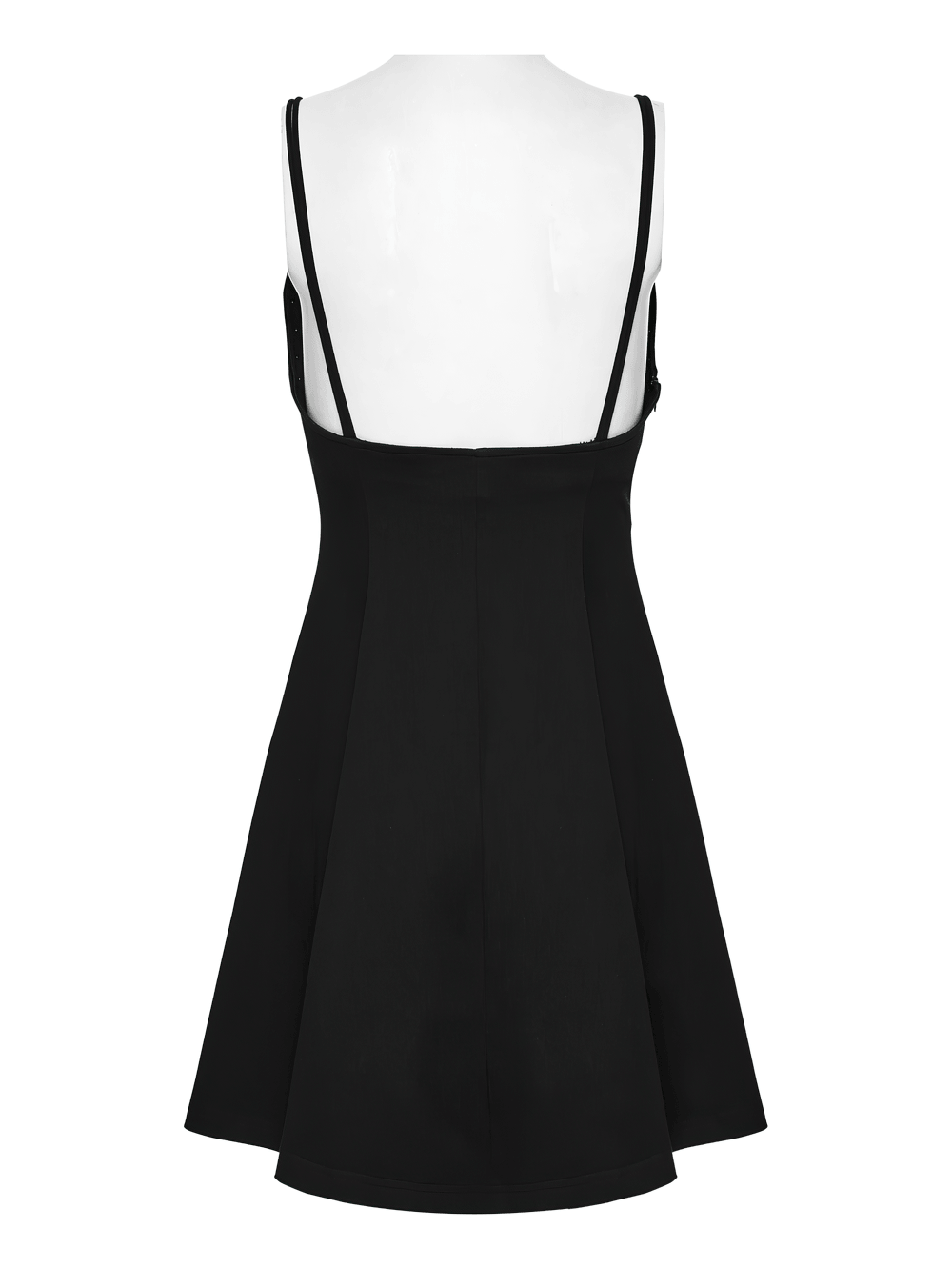 Alt Tag: Stylish Black Gothic Studded Strappy A-Line Mini Dress back view with slim straps and A-line mini silhouette