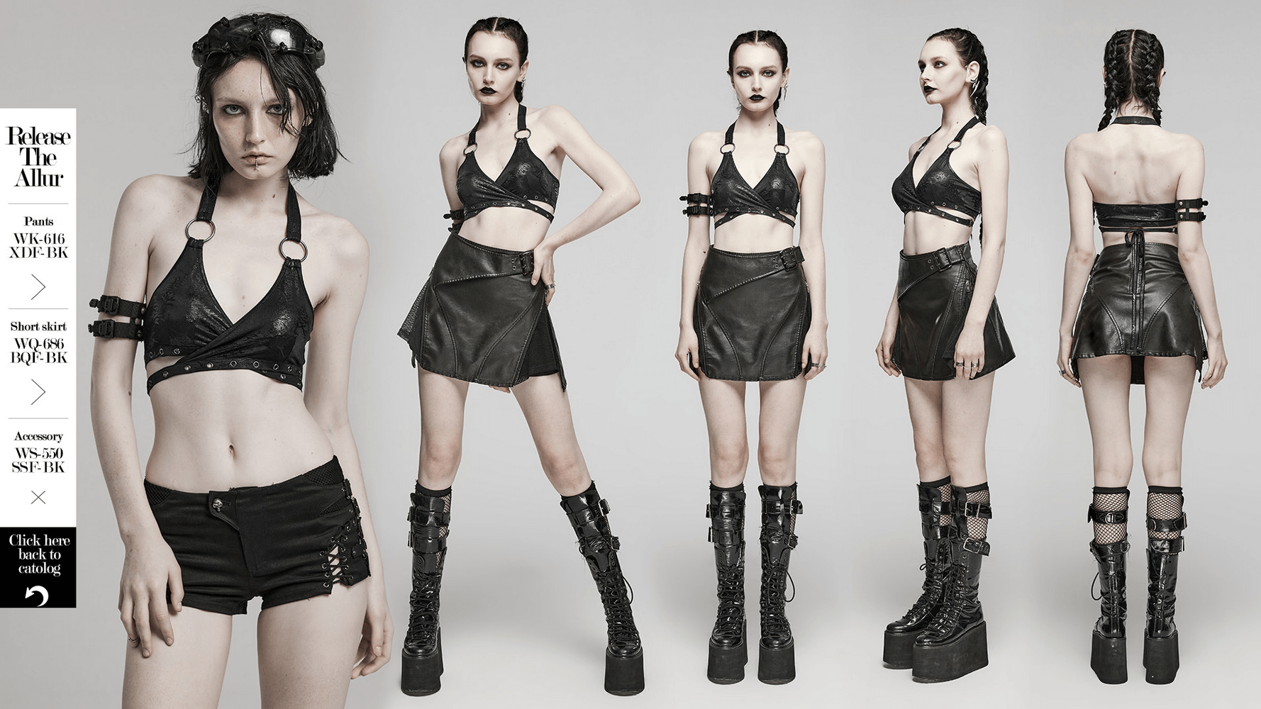 Stylish black halter crop top with ring detailing, perfect for punk rock outfits, showcased with edgy accessories.