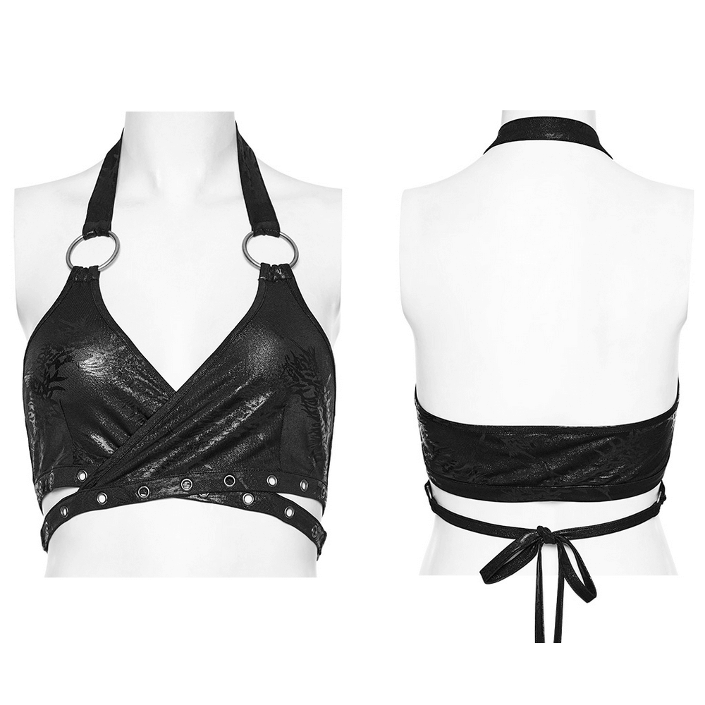 Stylish black halter crop top with ring detailing, featuring textured rubberized fabric and adjustable ties.