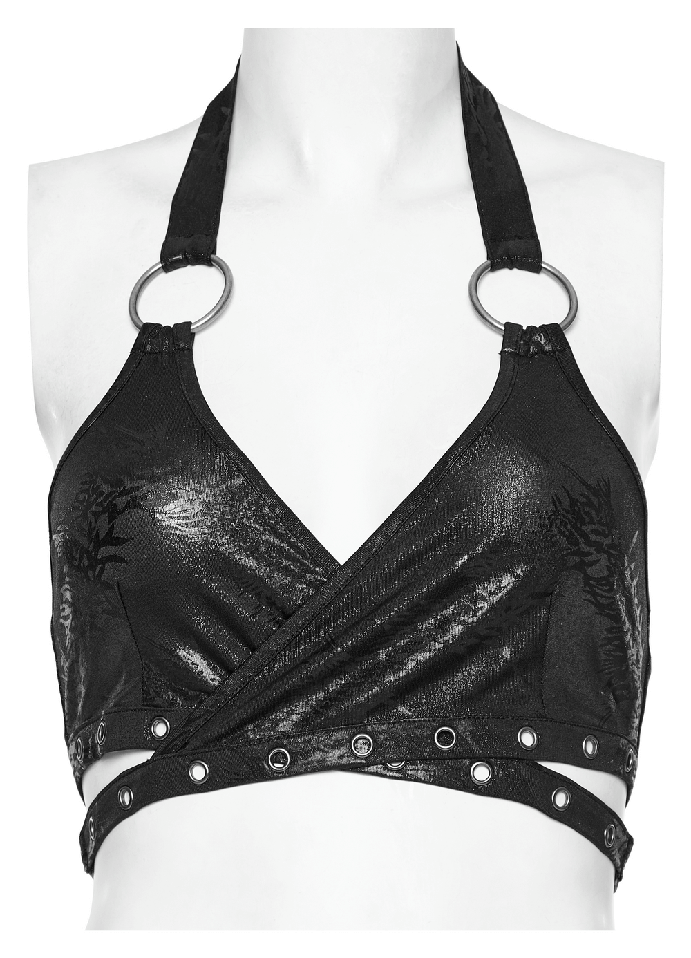 Stylish black halter crop top with punk rock ring detailing and textured fabric design.
