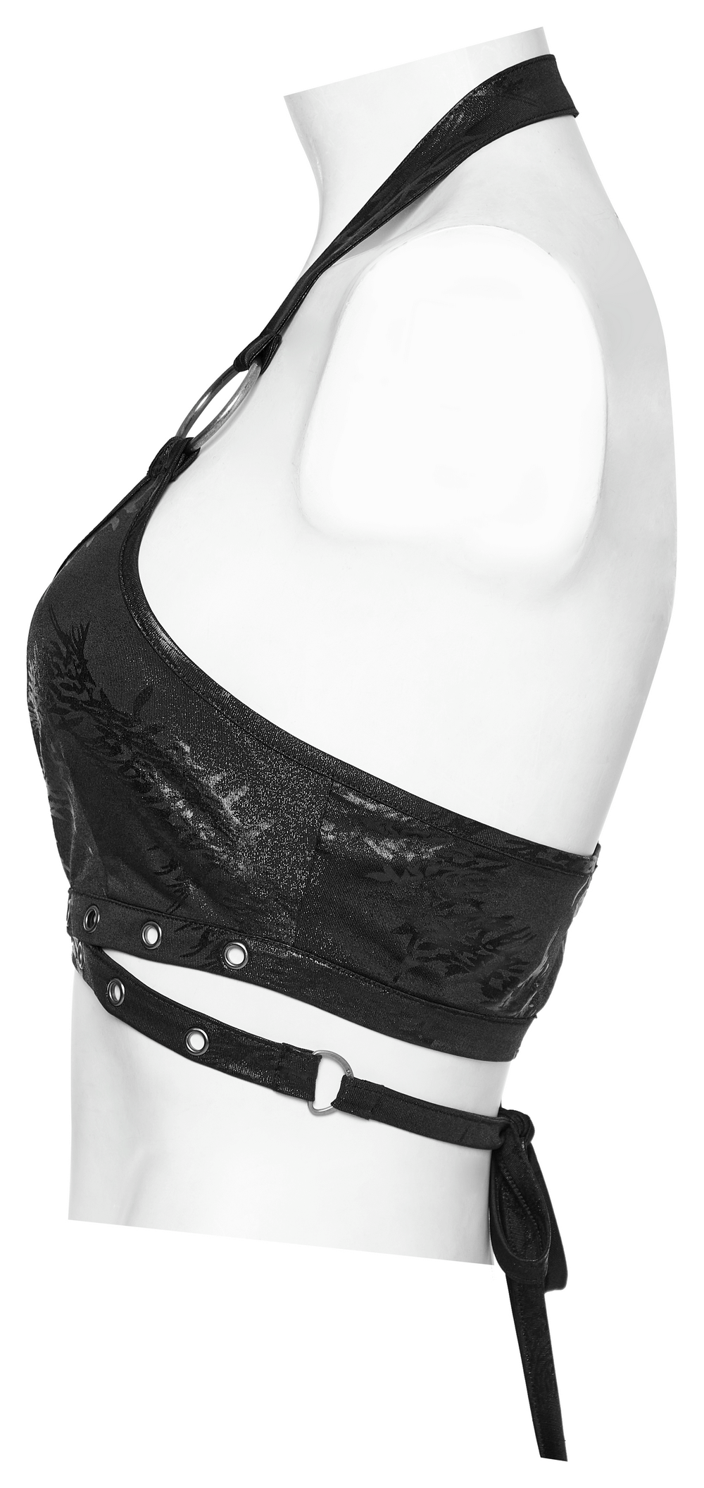 Stylish black halter crop top with ring detailing and textured fabric, perfect for a punk rock outfit.