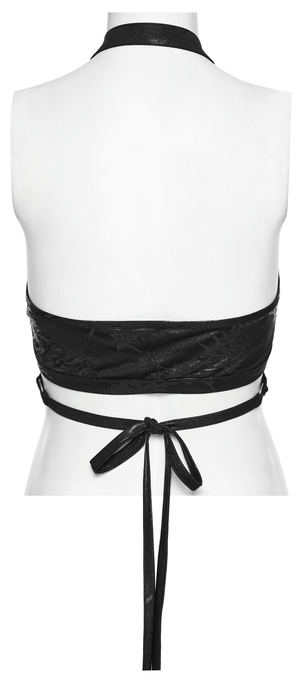 Back view of stylish black halter crop top with long neck straps and unique textured design.