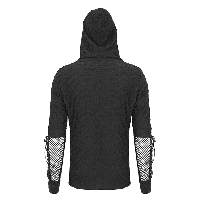 Back view of stylish black hooded top with mesh panel sleeves, perfect for edgy men's fashion.