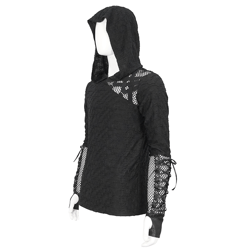 Stylish black hooded top with mesh panel sleeves, perfect for edgy fashion enthusiasts.