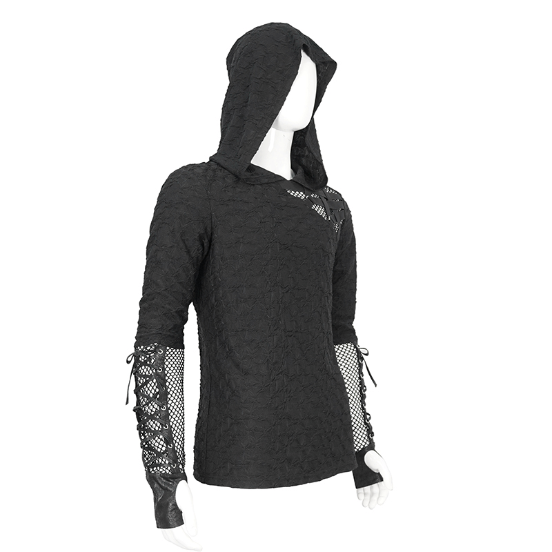 Stylish black hooded top with mesh panel sleeves for edgy men's fashion.
