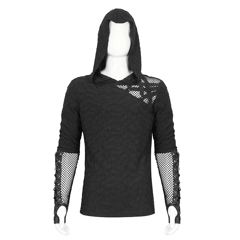 Stylish black hooded mesh-panel top for men, featuring edgy design and unique sleeves.