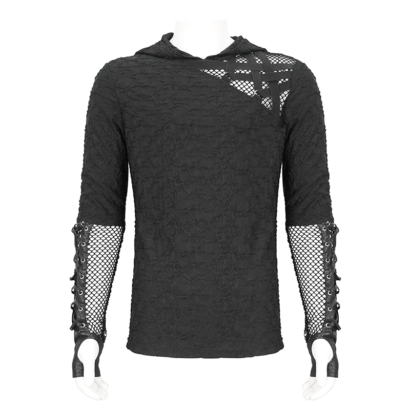 Stylish black hooded top with mesh panel sleeves, perfect for edgy fashion lovers seeking modern style.