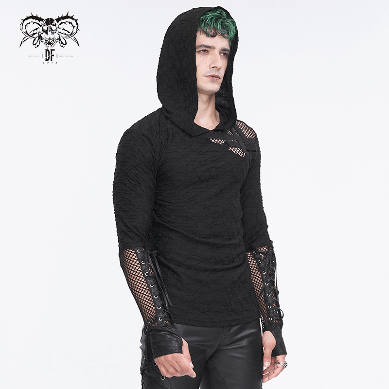 Men's stylish black hooded top with mesh panel sleeves, perfect for edgy fashion looks.