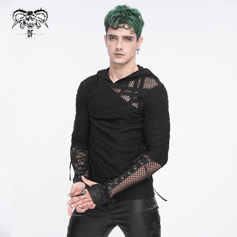 Stylish men's black hooded top with mesh panel sleeves, perfect for edgy fashion lovers.