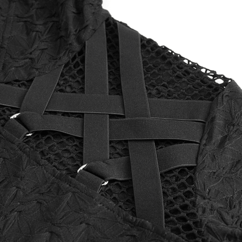 Close-up of stylish black mesh panel sleeve design with unique crisscross detailing for edgy fashion.