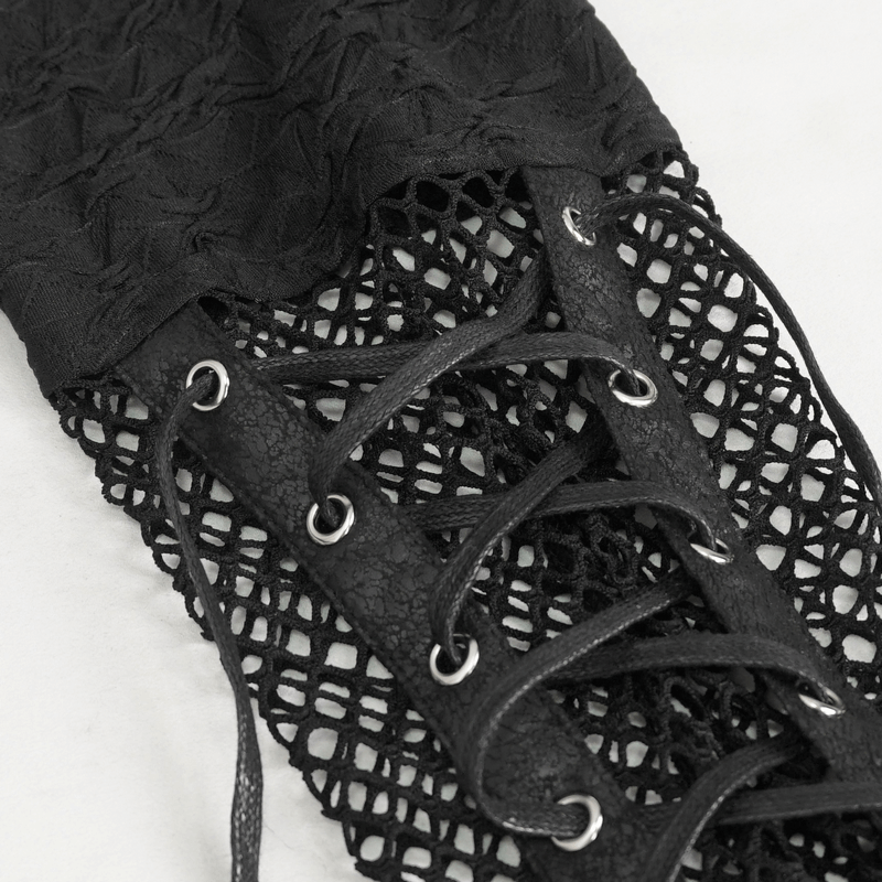 Close-up of black hooded top featuring mesh panel sleeves and lace-up details for an edgy look.