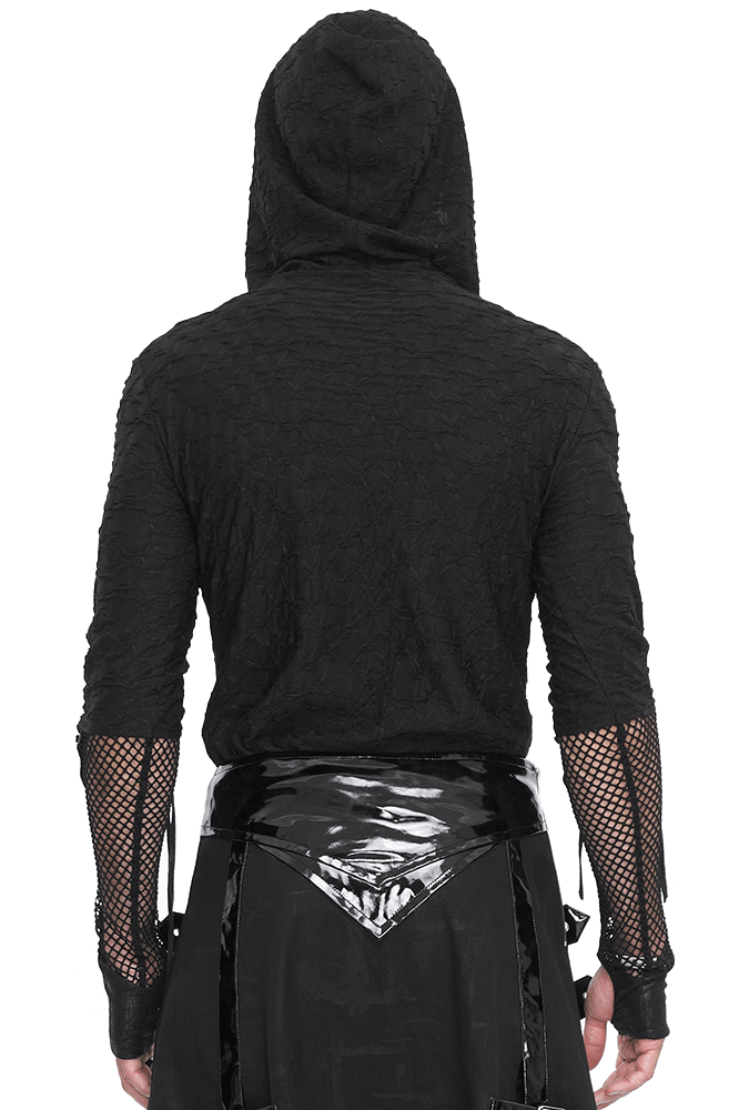 Stylish Black Hooded Mesh Panel Sleeves Top for Edgy Fashion
