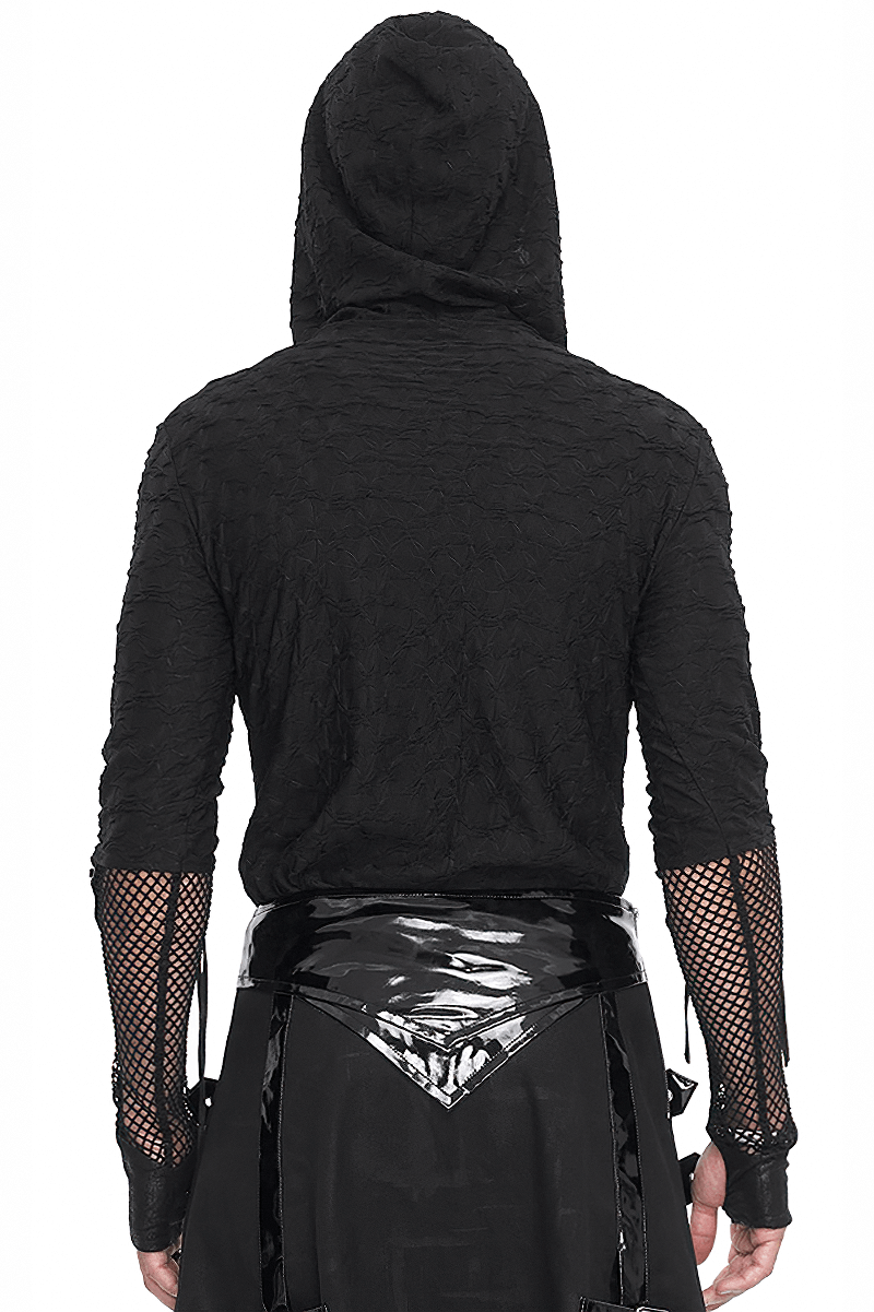 Back view of a stylish black hooded top with mesh panel sleeves for edgy fashion.