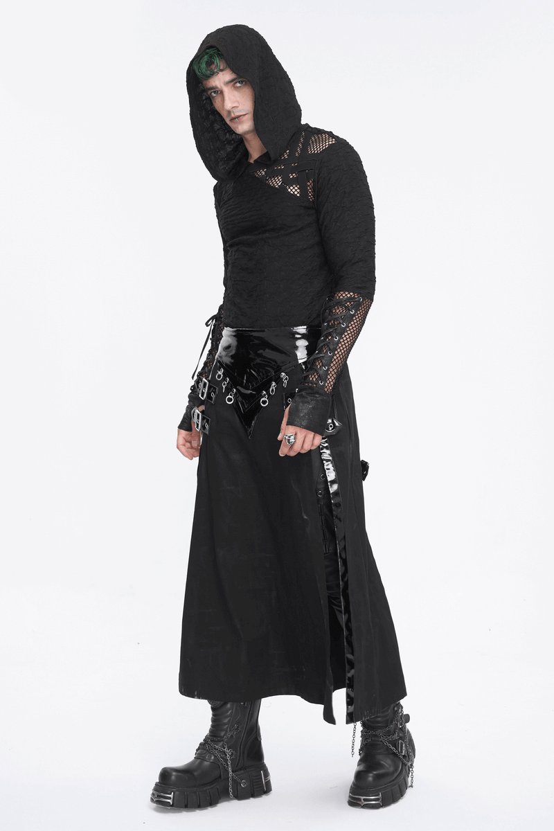 Stylish black hooded mesh panel sleeves top for edgy fashion appeal, paired with a dramatic skirt.