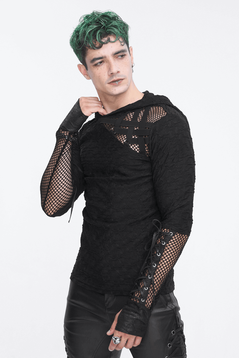 Stylish black hooded mesh-panel sleeves top for edgy fashion, worn by a model with green hair.