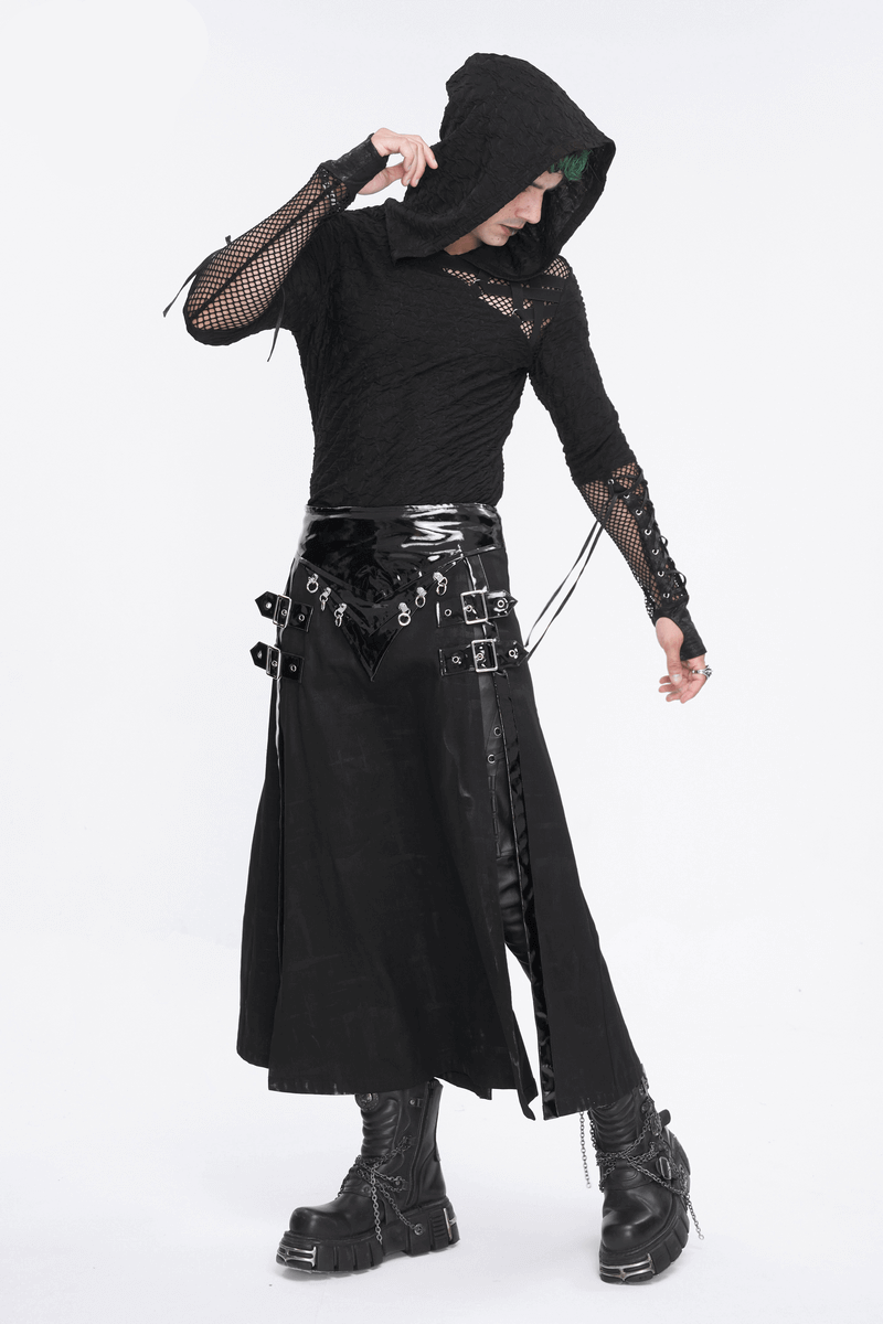 Men's edgy black hooded top with mesh sleeves, paired with a stylish black skirt and chunky boots, perfect for street fashion.