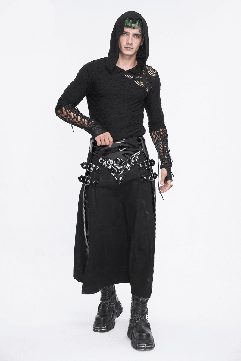 Men's black hooded mesh-panel top and edgy skirt, showcasing modern street style and bold fashion.