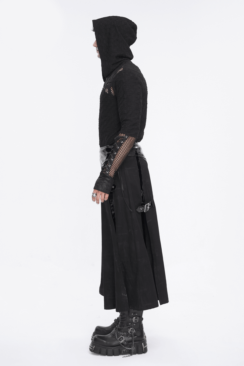Stylish black hooded top with mesh panel sleeves and edgy fashion trousers, showcasing a modern streetwear look.