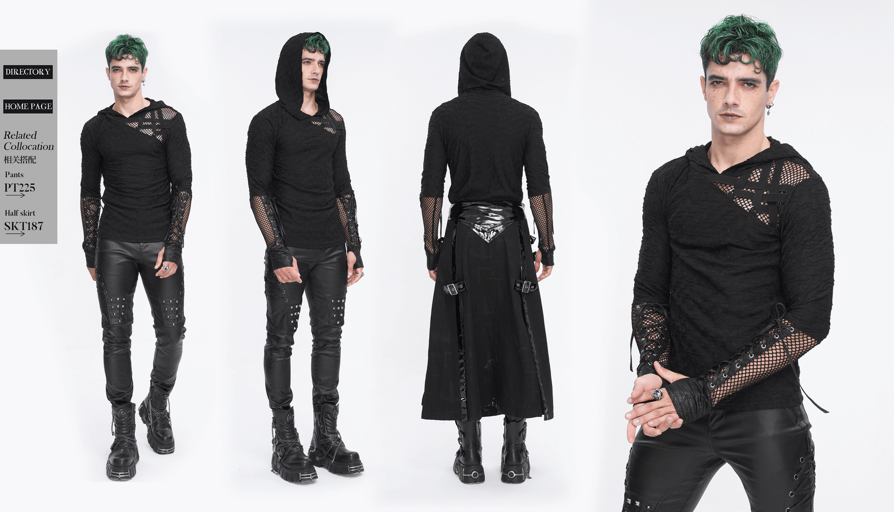 Men's stylish black hooded top with mesh panel sleeves, edgy street style, perfect for modern fashion lovers.