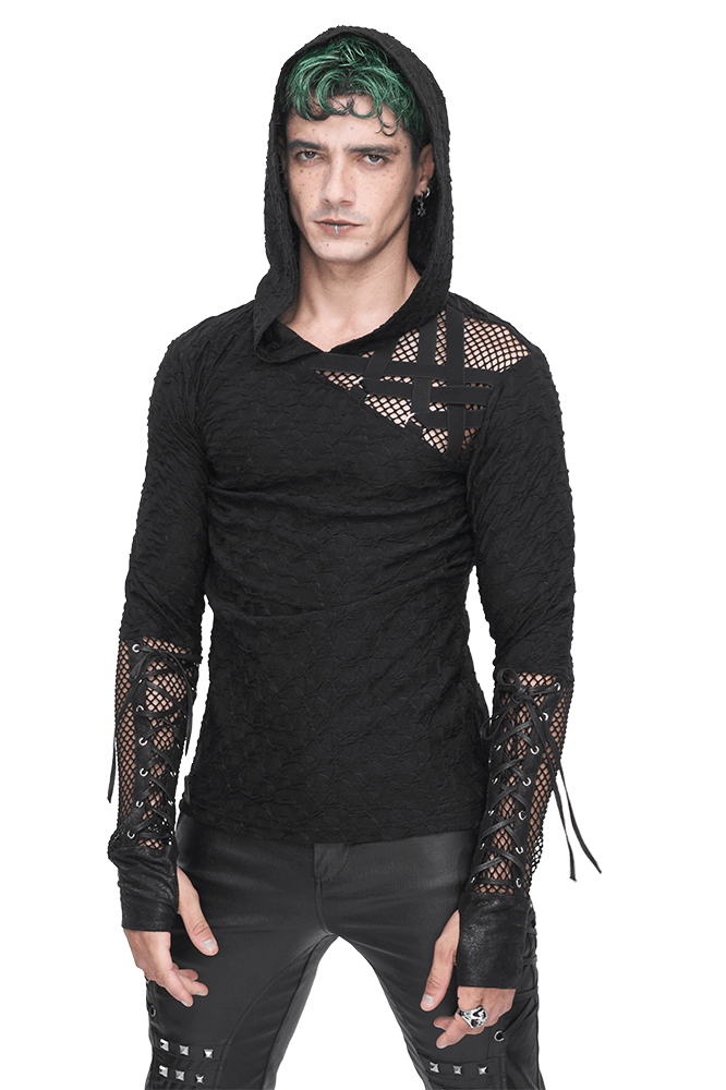 Stylish Black Hooded Mesh Panel Sleeves Top for Edgy Fashion - HARD'N'HEAVY