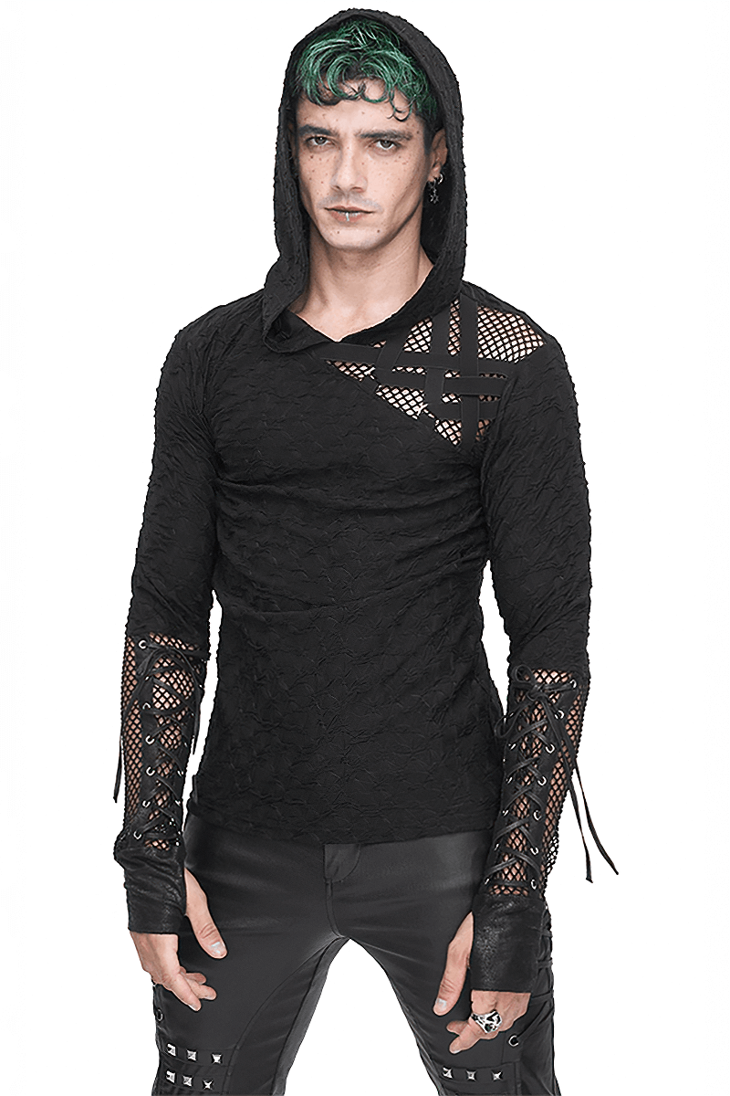 Men's stylish black hooded top with mesh panel sleeves for edgy fashion and modern style.