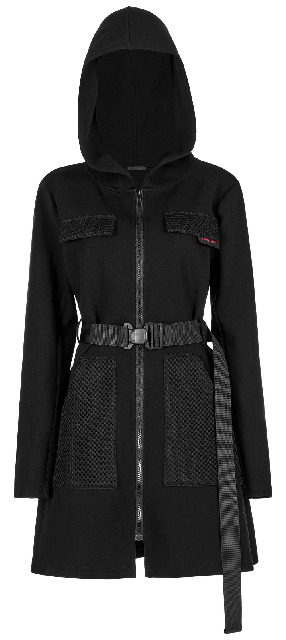 Stylish black hooded zip-front tactical dress with pockets and adjustable belt for a fashionable techwear look.