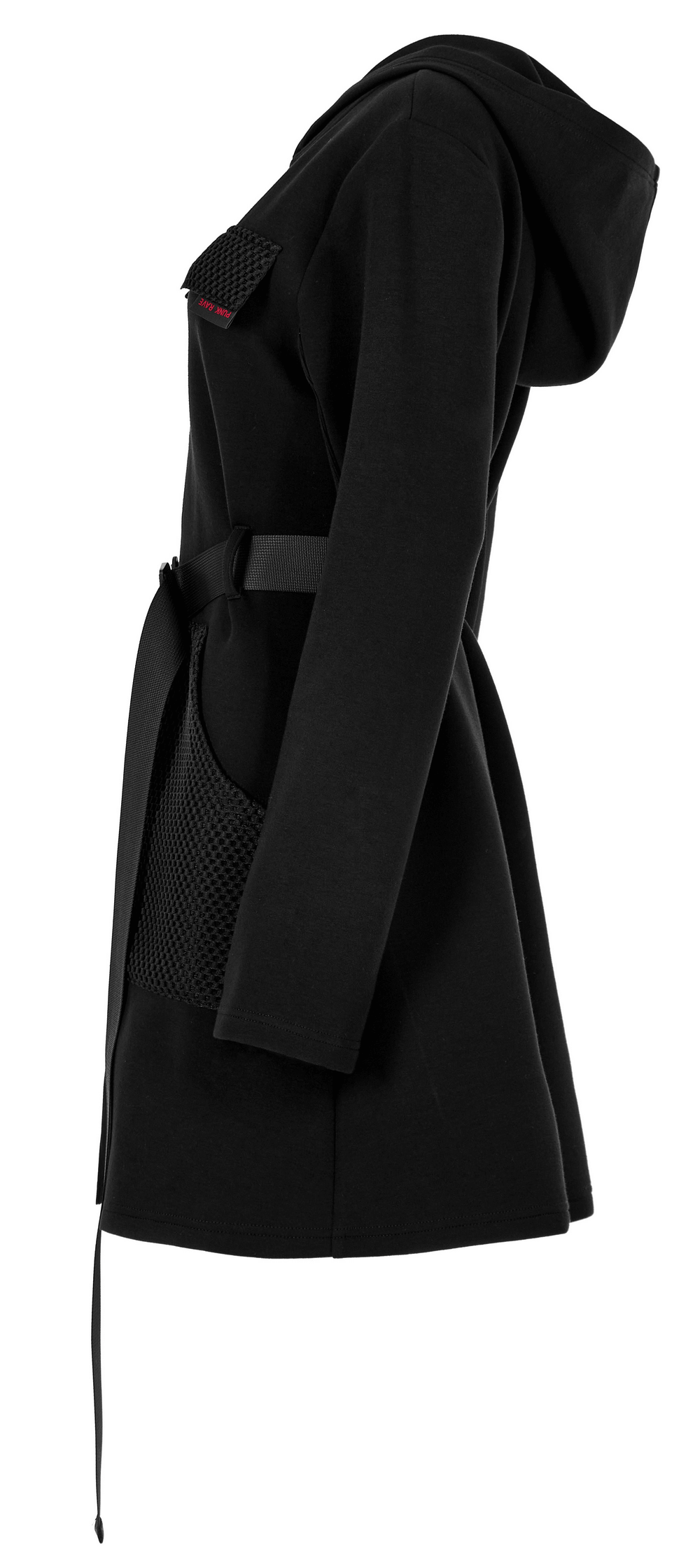 Stylish black hooded zip-front tactical dress featuring elastic cuffs and gauze-spliced pockets.