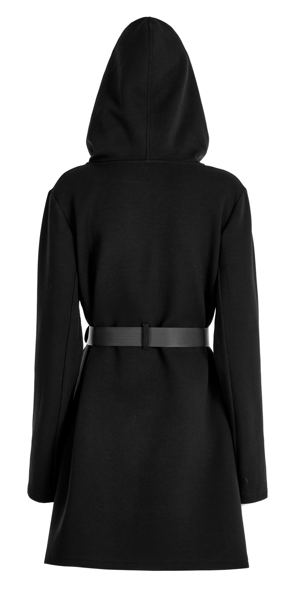 Back view of stylish black hooded tactical dress featuring adjustable buckle belt and sleek design.