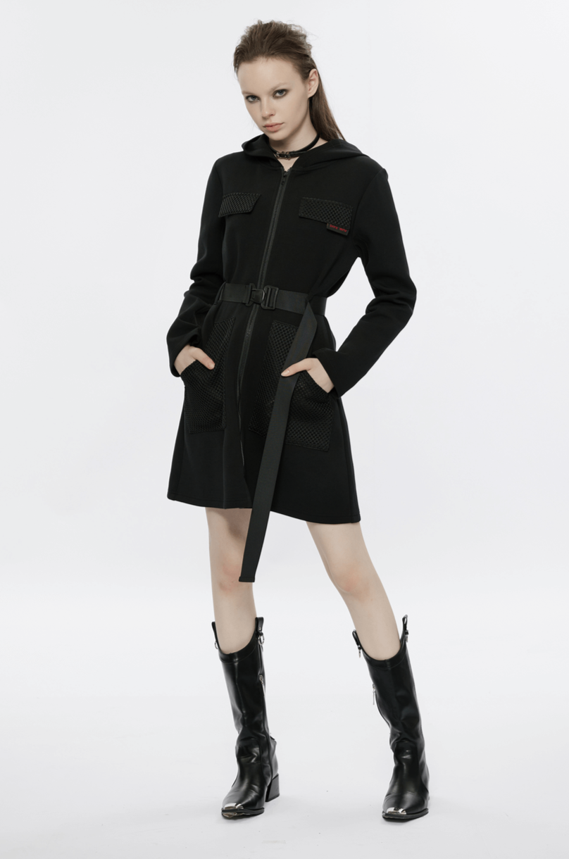 Stylish Black Hooded Zip-Front Tactical Dress