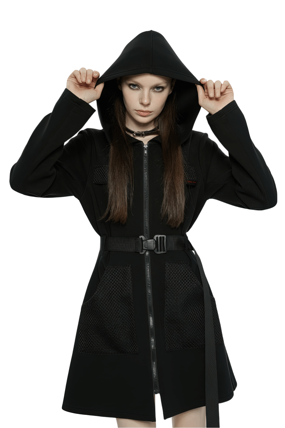 Model wearing a stylish black hooded zip-front tactical dress with pockets and adjustable belt.