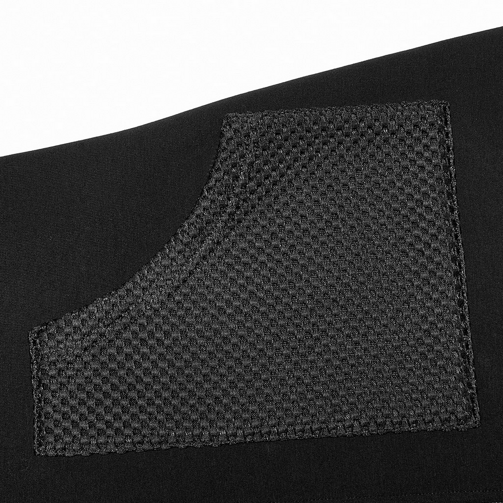 Close-up of gauze-spliced pocket on a stylish black hooded zip-front tactical dress.