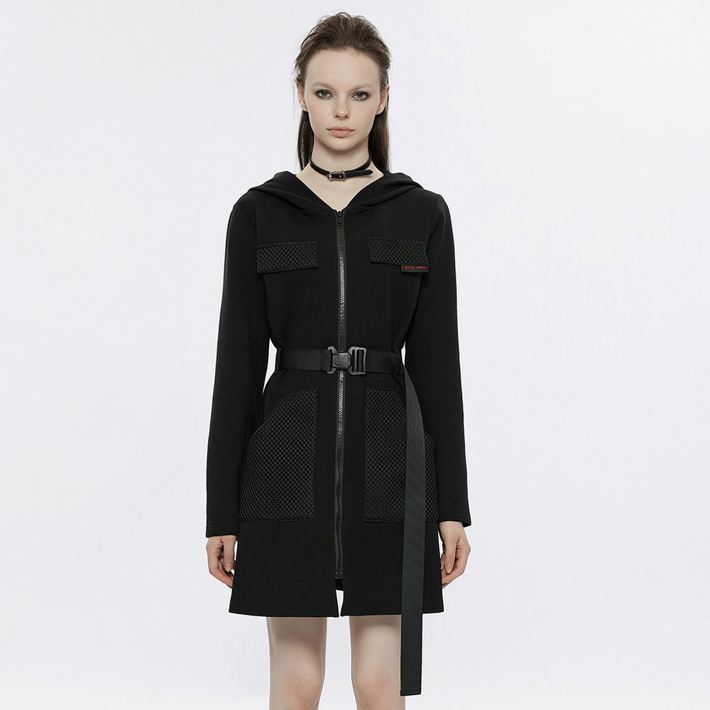 Stylish Black Hooded Zip-Front Tactical Dress Stylish Black Hooded Zip-Front Tactical Dress