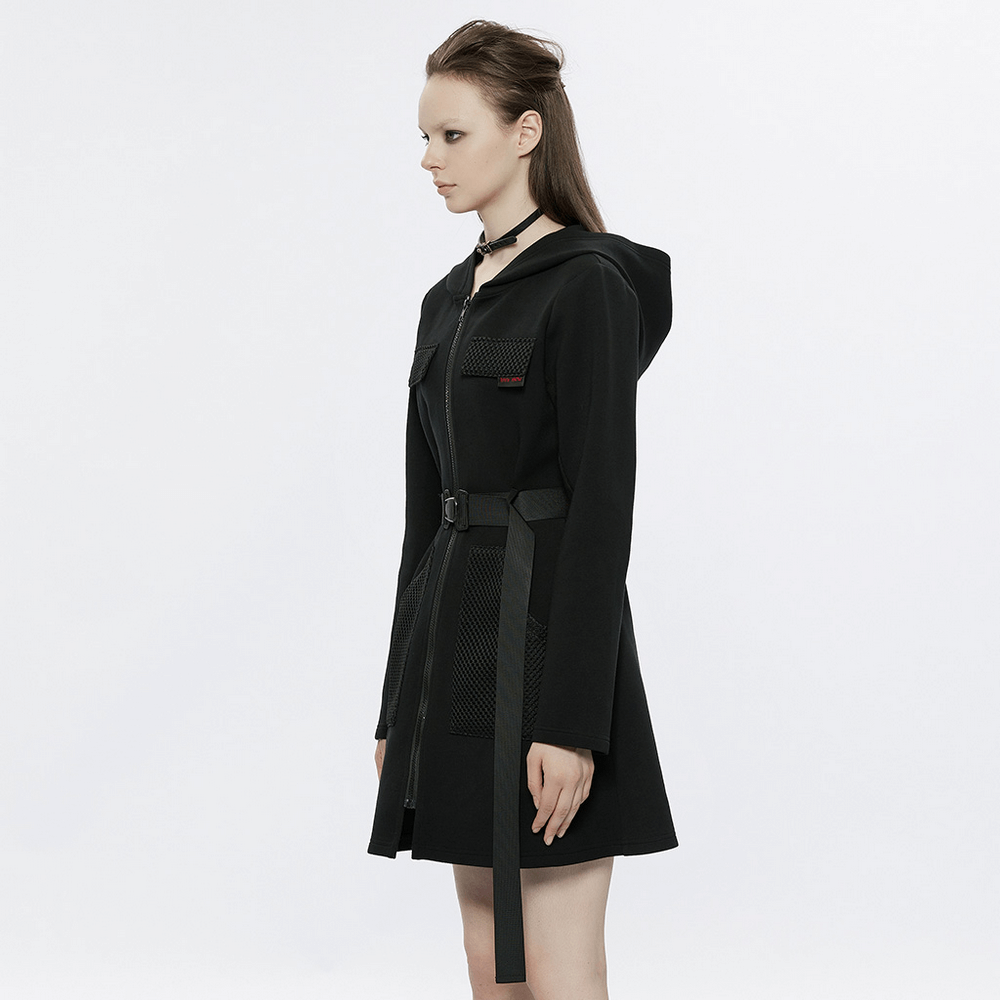 Stylish black hooded zip-front tactical dress with pockets and adjustable belt, perfect for edgy techwear fashion.