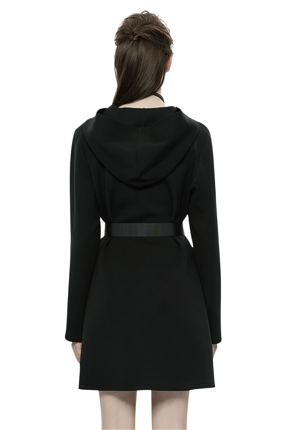 Back view of stylish black hooded zip-front tactical dress with adjustable belt