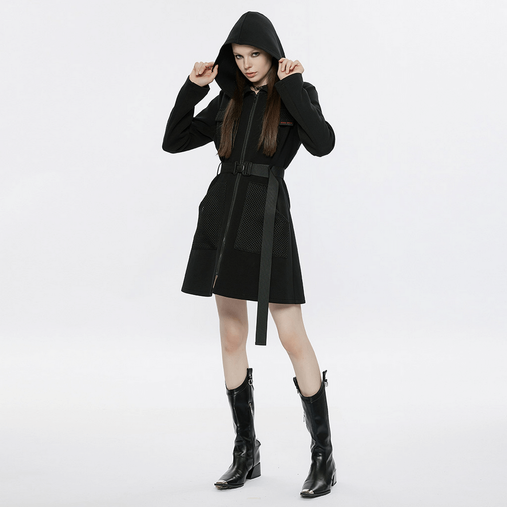 Stylish black hooded zip-front tactical dress with pockets and adjustable belt