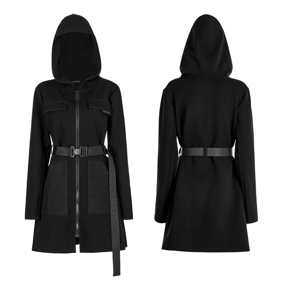 Stylish black hooded zip-front tactical dress with pockets and adjustable belt, showcasing modern techwear fashion.