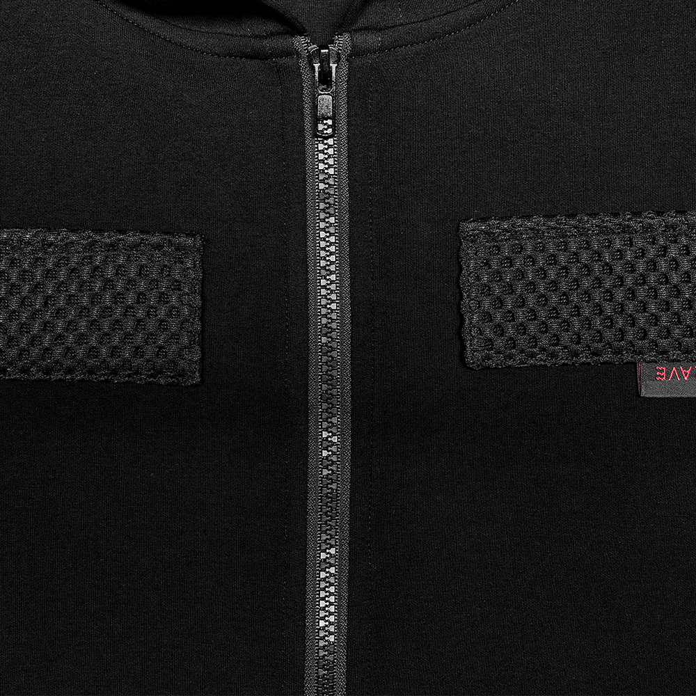 Close-up of black tactical dress featuring a zip front and textured pockets for added style and functionality.