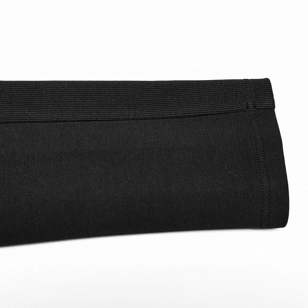 Close-up of the snug elastic ribbed sleeve of a stylish black tactical dress, highlighting comfort and flexibility.