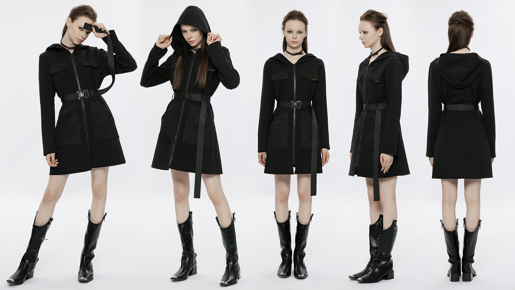 Stylish black hooded zip-front tactical dress featuring adjustable buckle belt and gauze-spliced pockets, perfect for techwear enthusiasts.