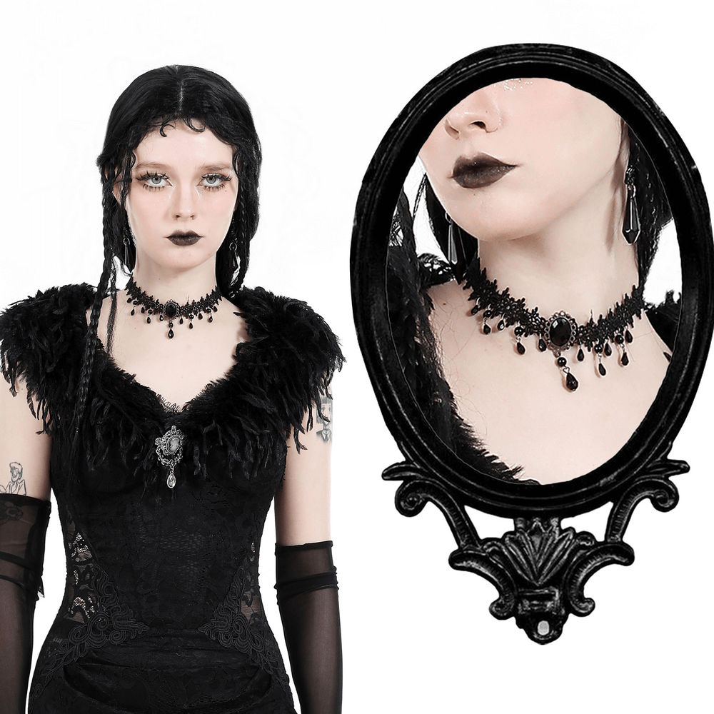 Stylish Black Lace Choker with Glass Bead Accents