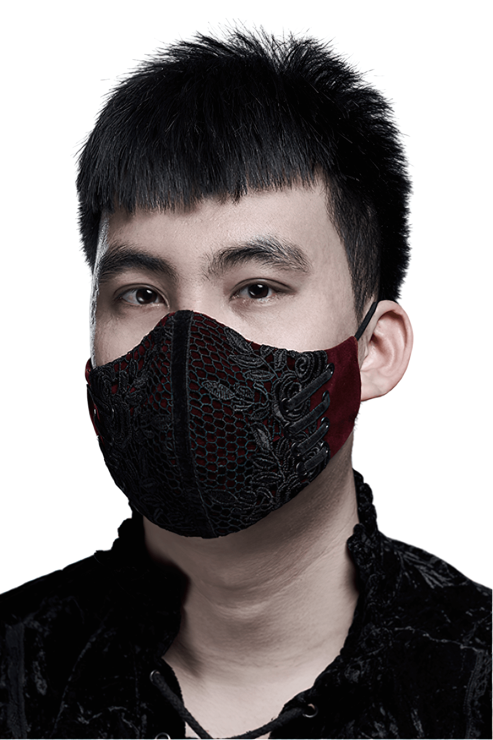 Stylish black lace gothic velvet mask on a model, adding elegance and intrigue to any outfit.