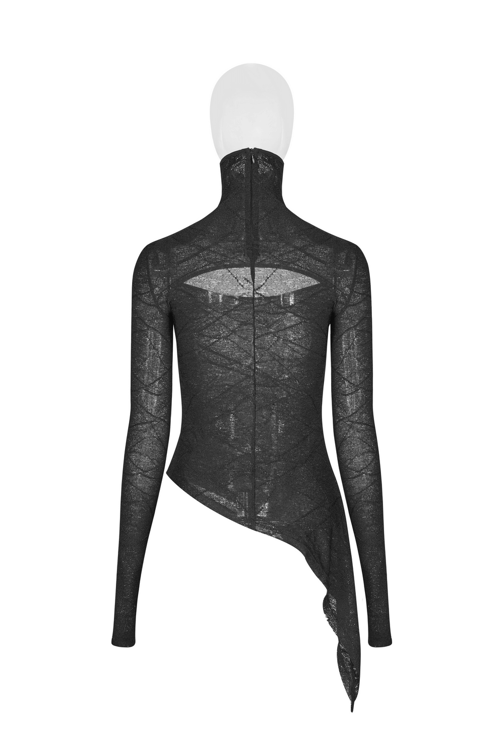 Back view of stylish black lace halter top with cutout detailing and asymmetrical hem, perfect for punk-inspired outfits.