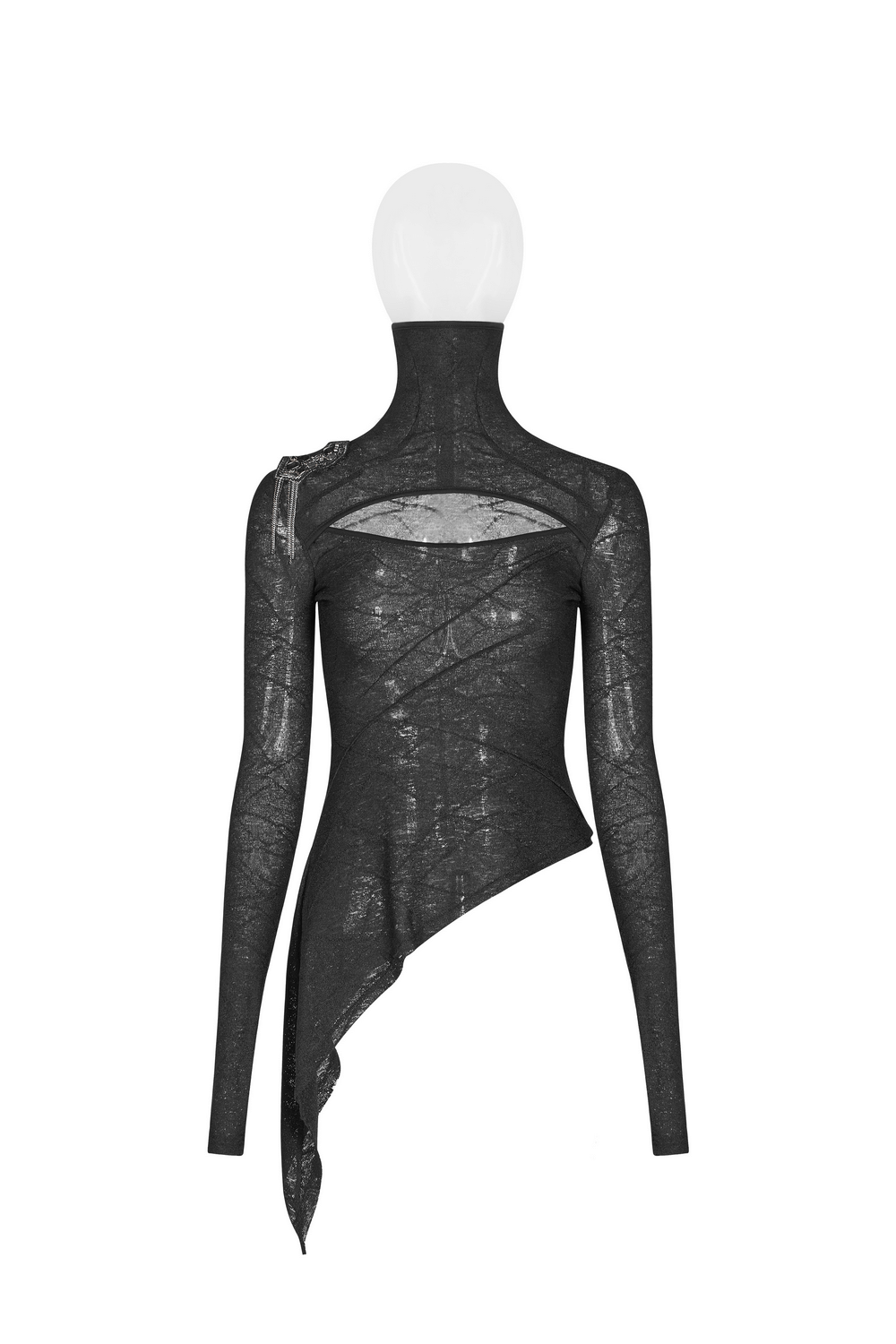 Stylish black lace halter top with dramatic cutout detailing and asymmetrical hem for a chic punk look.