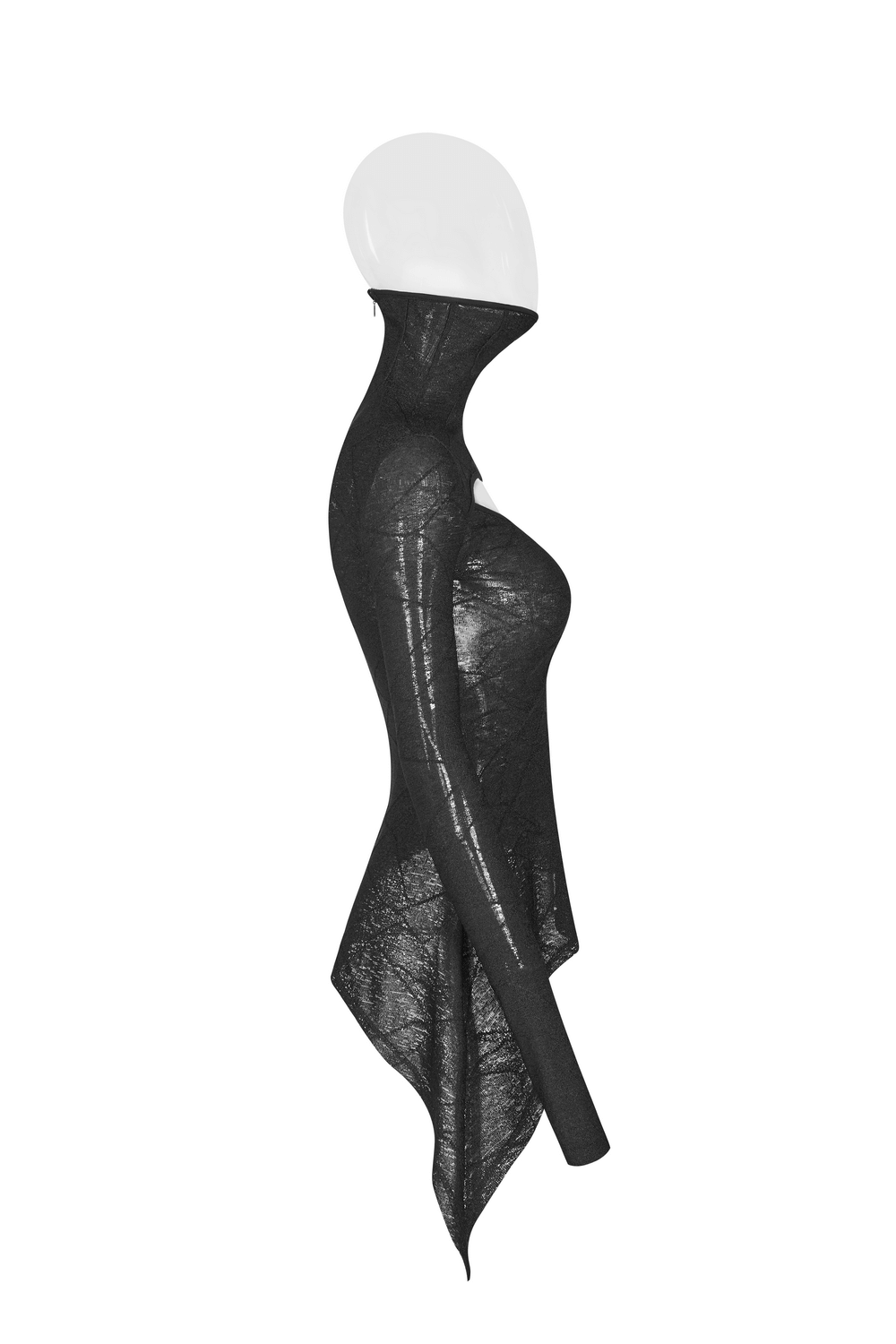 Stylish black lace halter top with cutout detailing on mannequin side view.