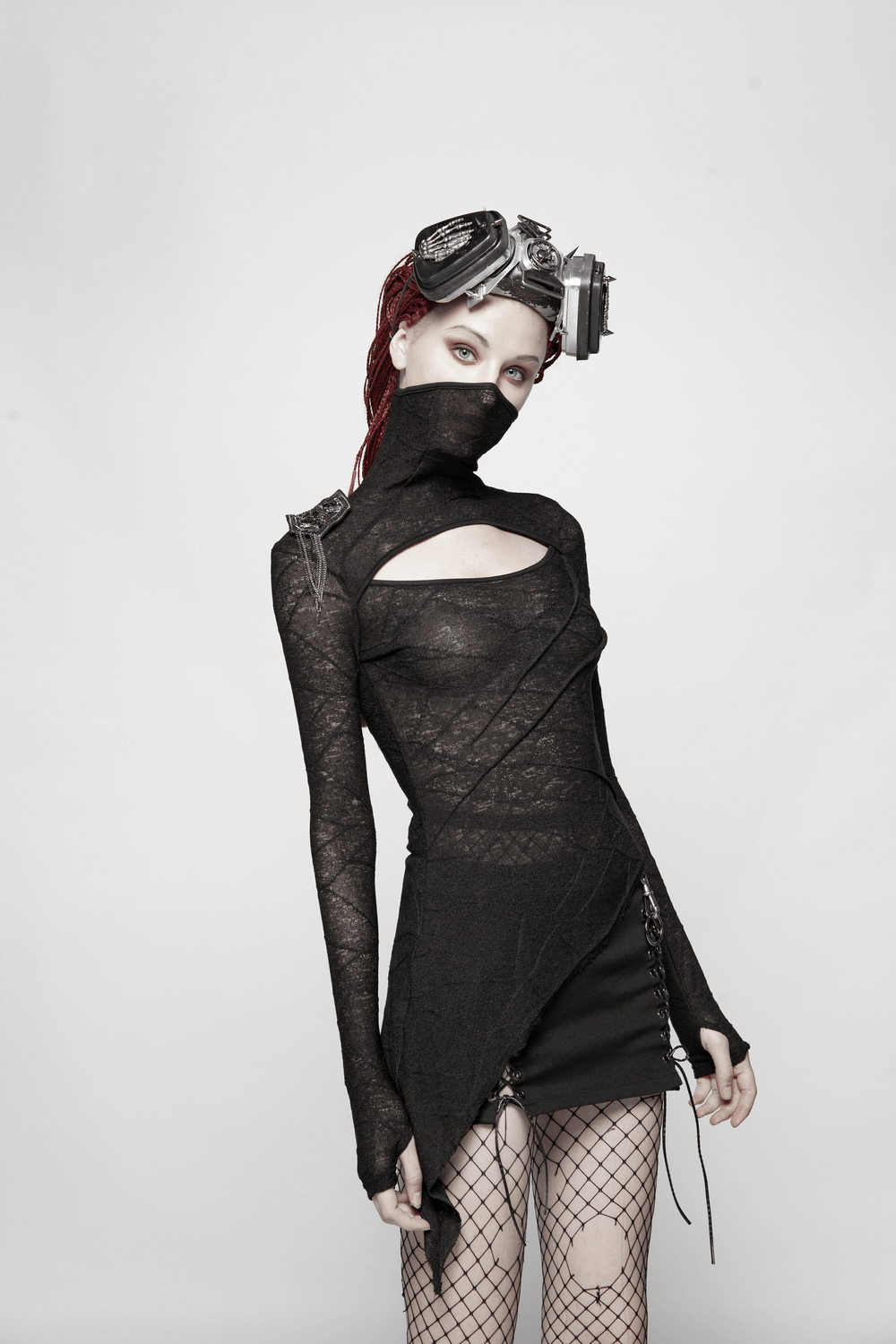 Stylish black lace halter top with cutout detailing, perfect for punk fashion lovers.