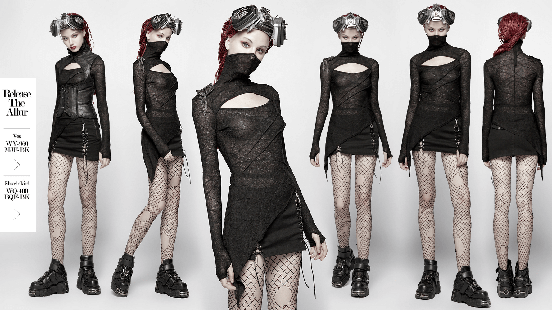 Stylish black lace halter top with cutout details, featuring a gothic punk style for a trendy rockstar look.