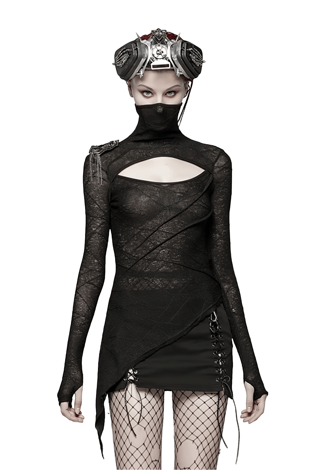 Stylish black lace halter top with cutout and punk vibes, perfect for a gothic rock look.