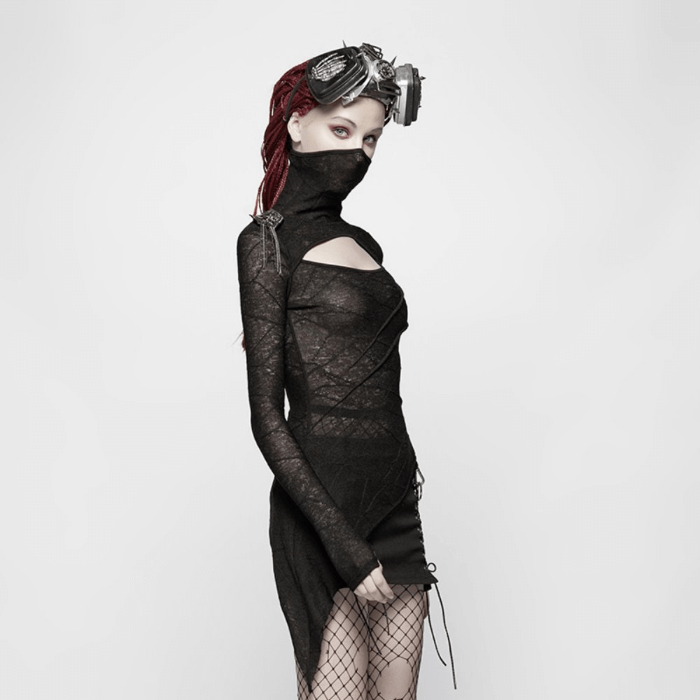 Stylish black lace halter top with cutout detail, sheer overlay, and edgy punk style for a bold gothic look.