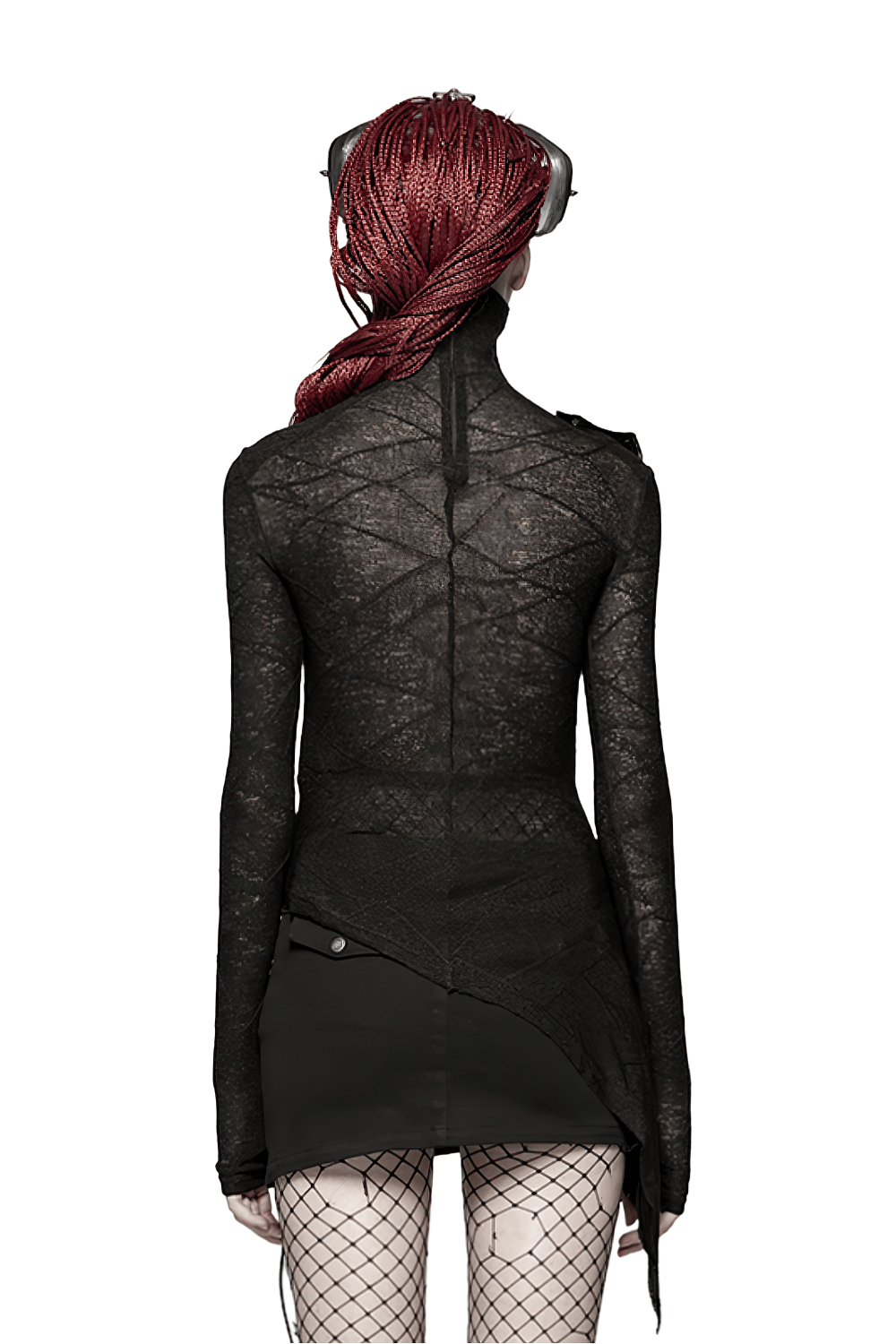 Back view of a stylish black lace halter top showcasing intricate cutout detailing and a chic punk look.